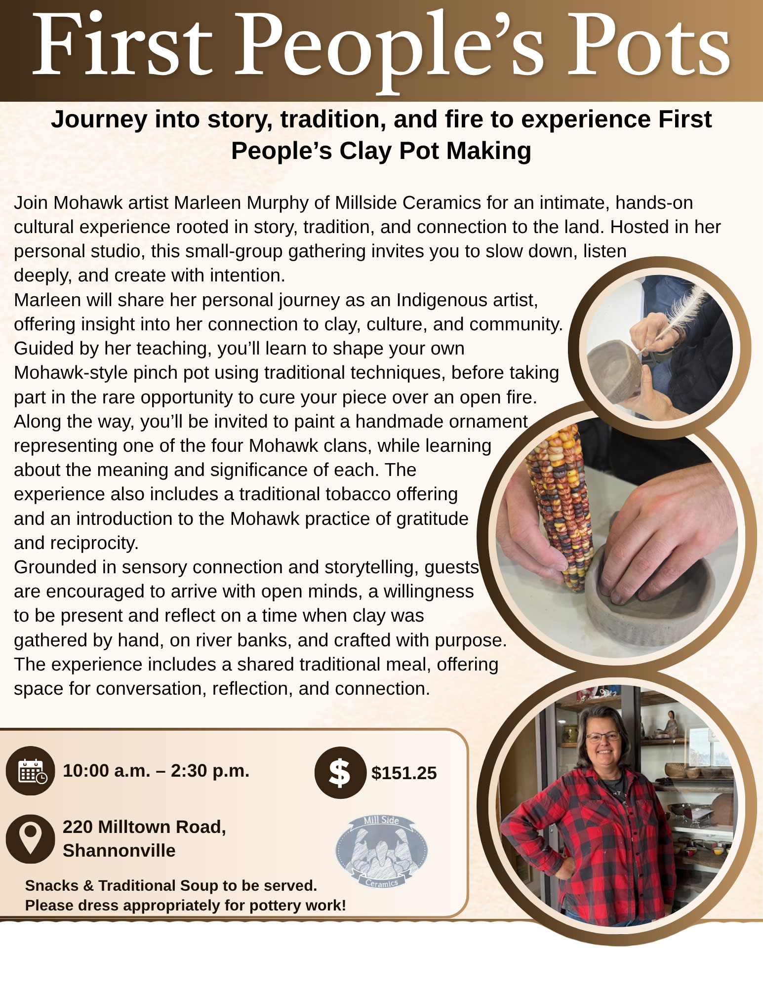 First Peoples Pots, Workshop, pinch pots, mohawk, Millside Ceramics